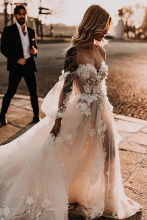 Tulle Off Shoulder Long Sleeves Wedding Dresses With Lace Appliques, MW1088
