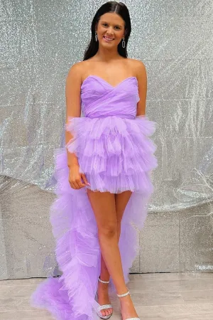 Tulle Strapless High-Low Homecoming Dresses with Ruffles