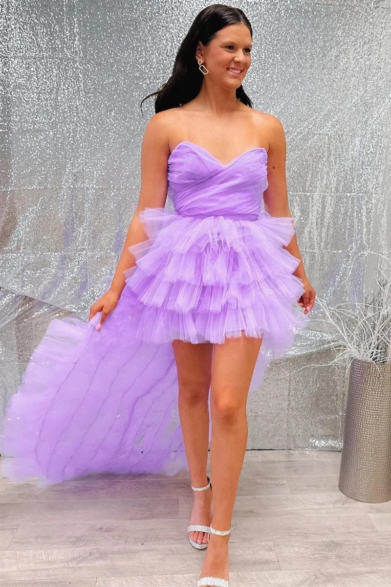 Tulle Strapless High-Low Homecoming Dresses with Ruffles