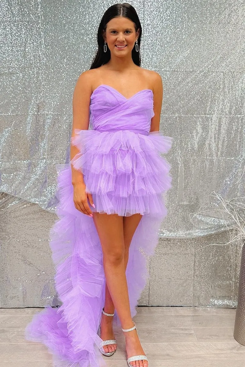 Tulle Strapless High-Low Homecoming Dresses with Ruffles