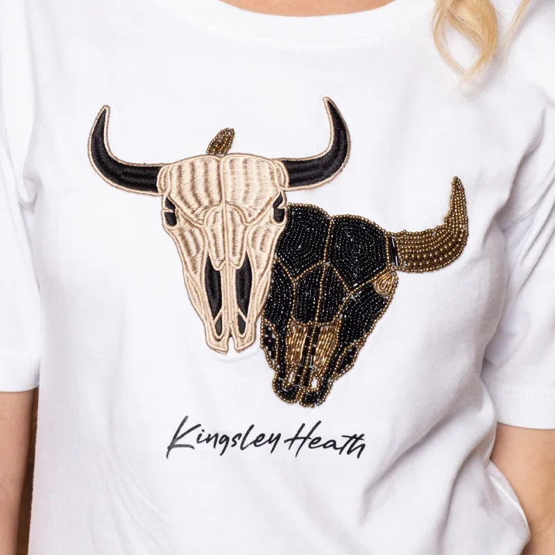 Twin Beaded Skull Regular Crew Tee - Pelican