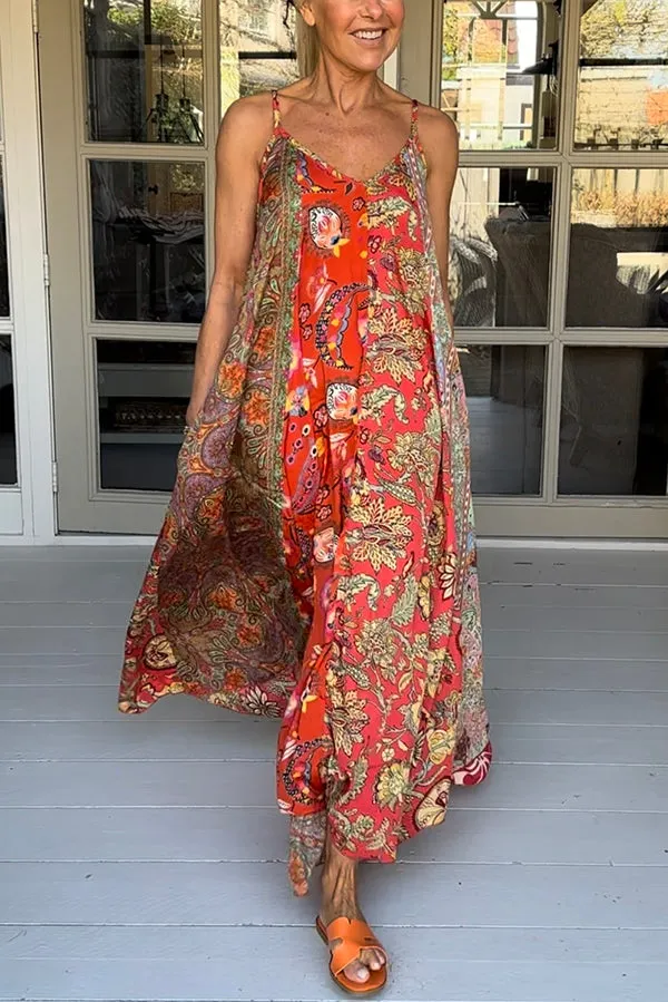 Unique Printed Loose Holiday Strap Big Hem Maxi Dress