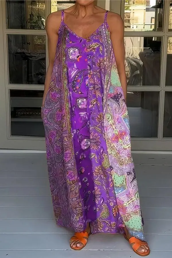 Unique Printed Loose Holiday Strap Big Hem Maxi Dress