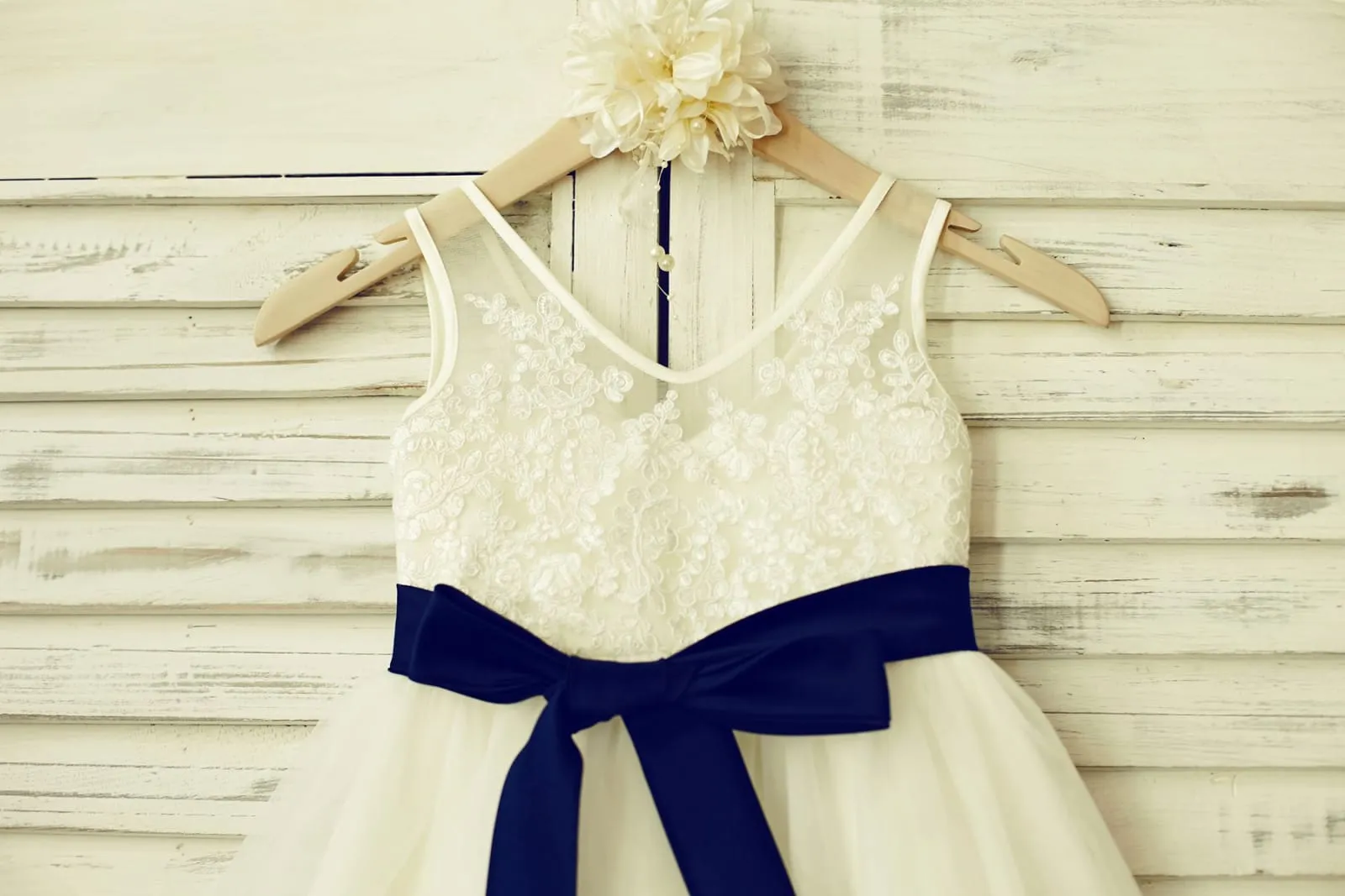 V Neck Ivory Lace Tulle Flower Girl Dress, Navy Blue Sash