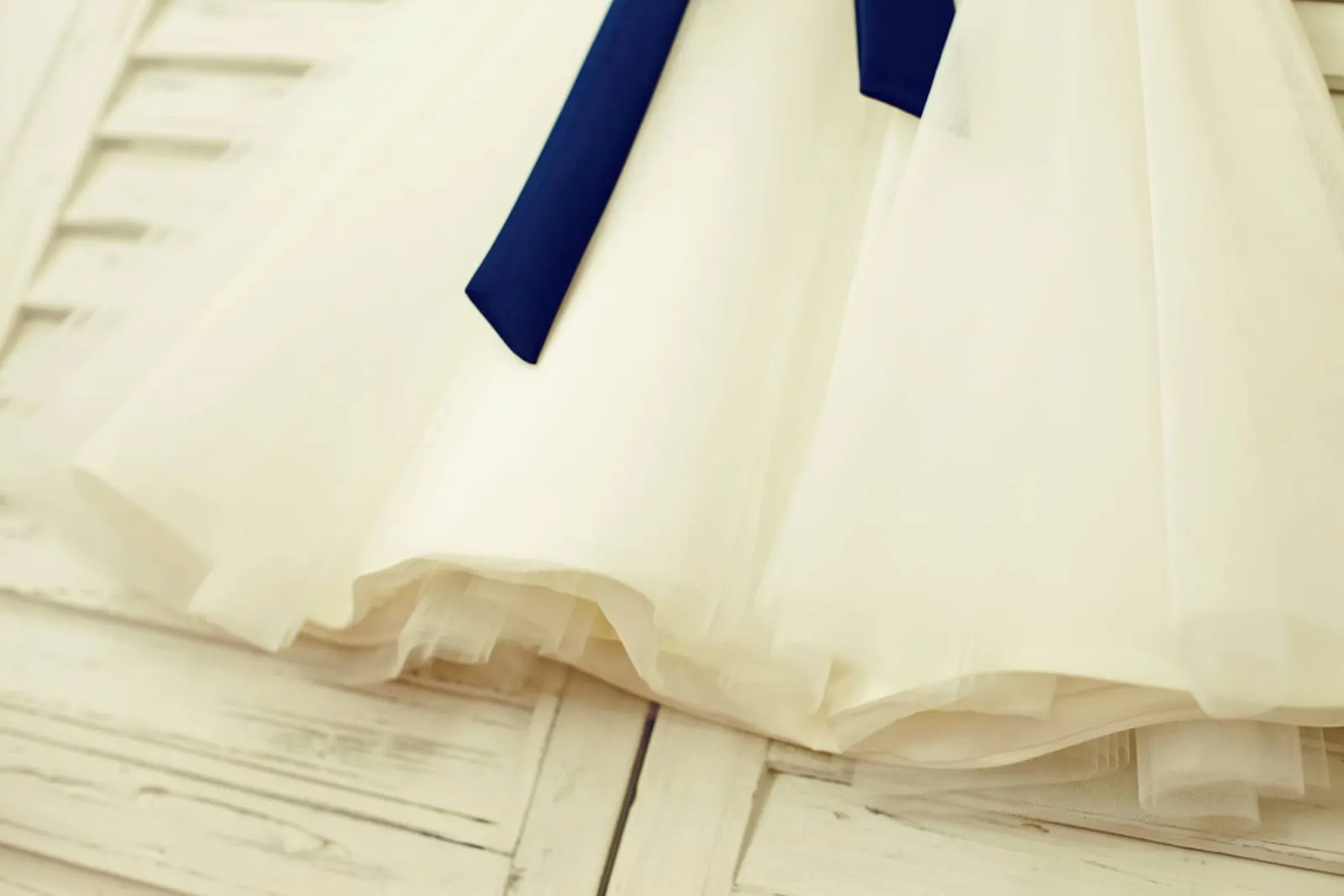 V Neck Ivory Lace Tulle Flower Girl Dress, Navy Blue Sash