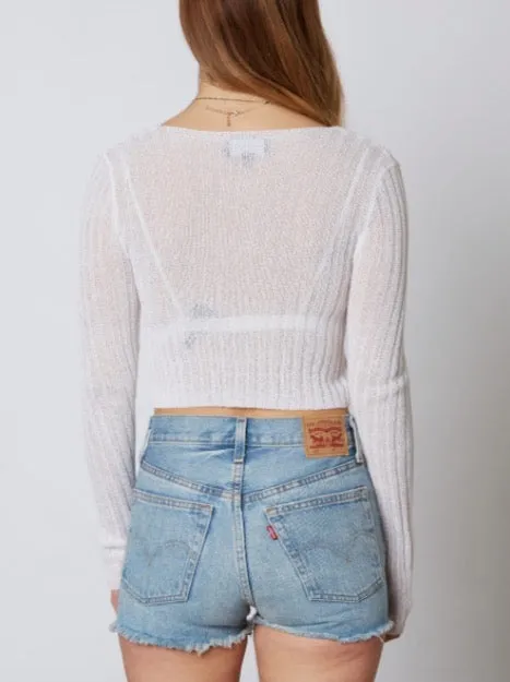 V Neck Pearl Button Ribbed Long Sleeve Cropped Sweater