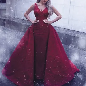 v neck prom dresses with detachable train burgundy sparkly lace applique elegant arabic prom gown 2021