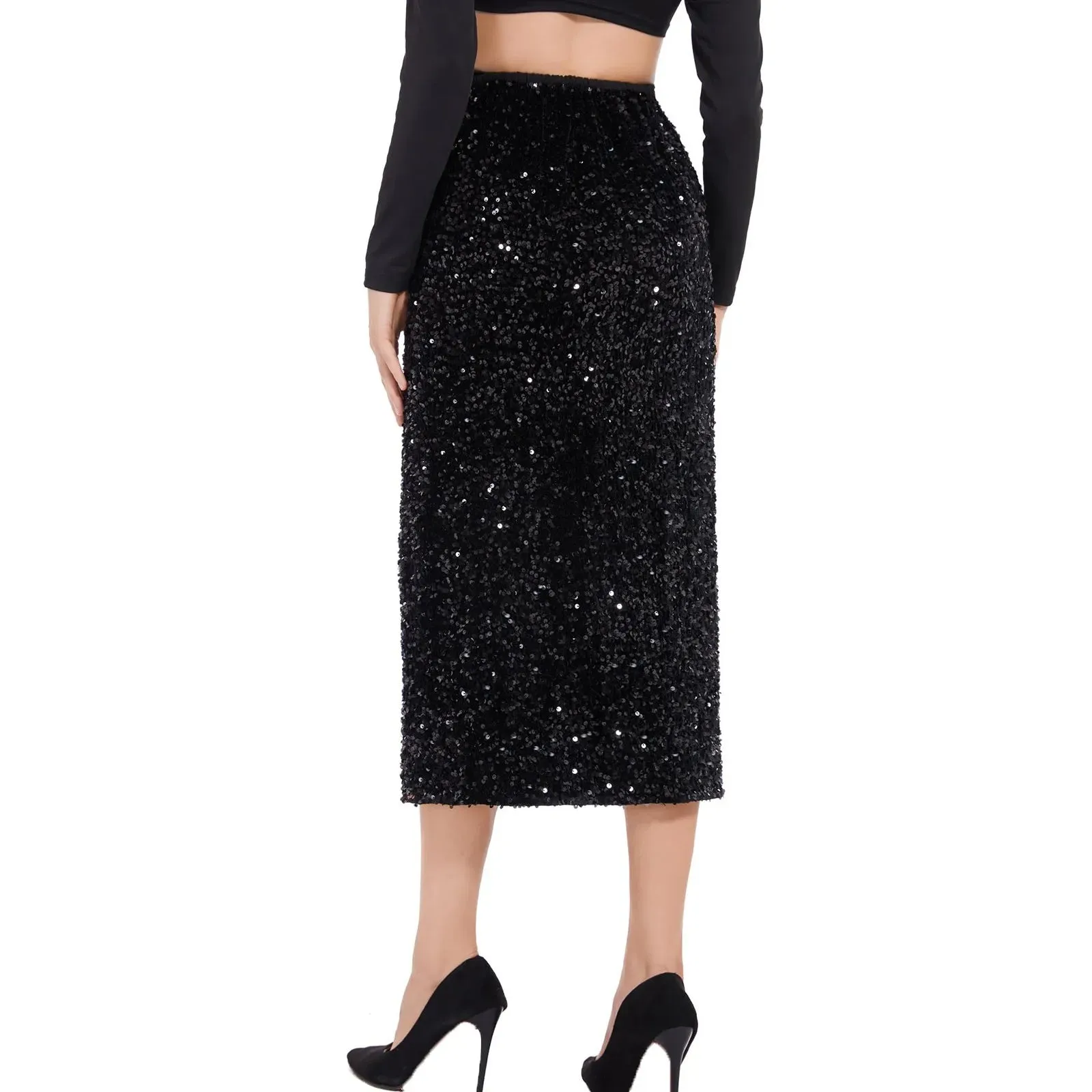 Velvet Women's Sequin Skirt Elastic High Waist Split Hem Shiny Skirt Solid Color Night Party Wear Midi Skirt