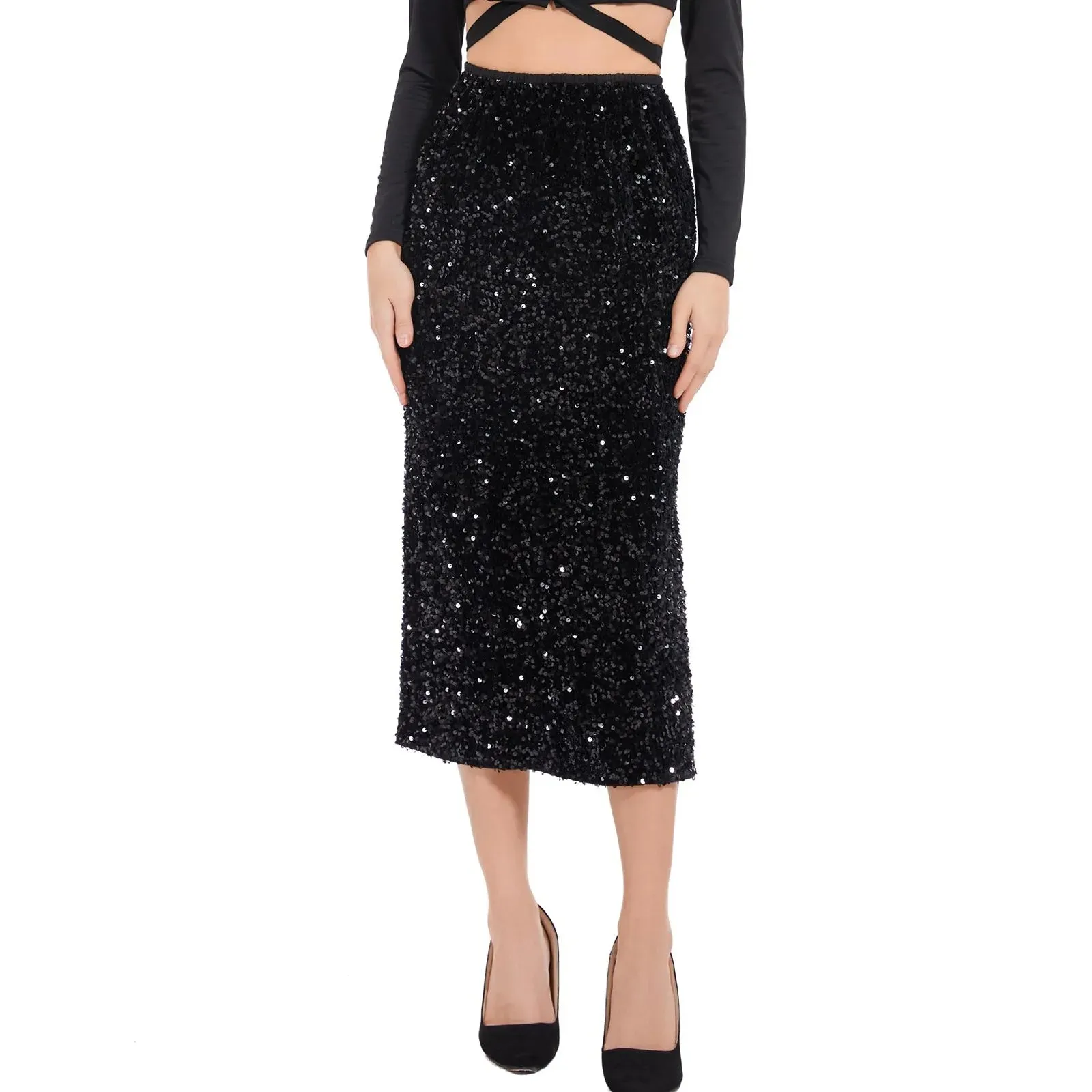 Velvet Women's Sequin Skirt Elastic High Waist Split Hem Shiny Skirt Solid Color Night Party Wear Midi Skirt