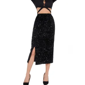 Velvet Women's Sequin Skirt Elastic High Waist Split Hem Shiny Skirt Solid Color Night Party Wear Midi Skirt