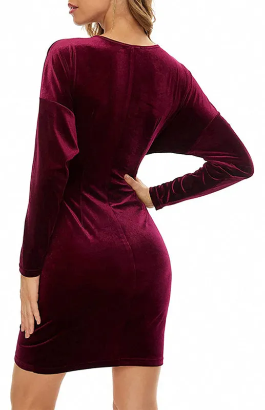 Velvet Wrap-Style Cocktail Dress with V-Neck and Split Hem