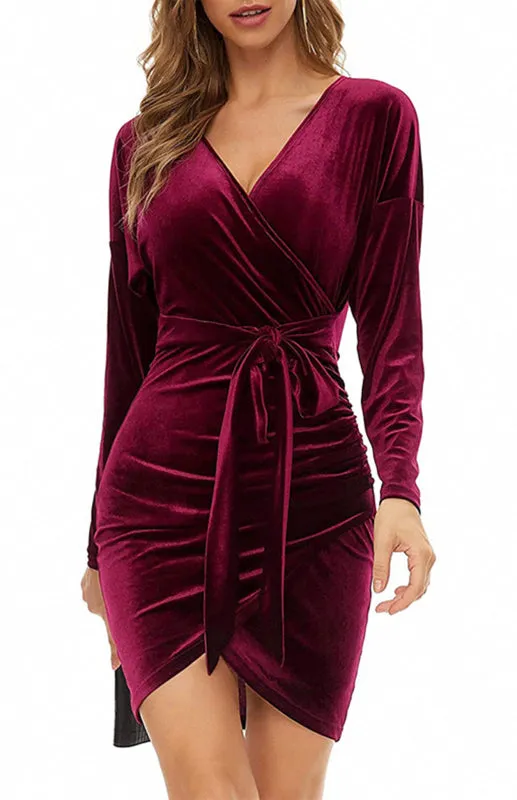 Velvet Wrap-Style Cocktail Dress with V-Neck and Split Hem