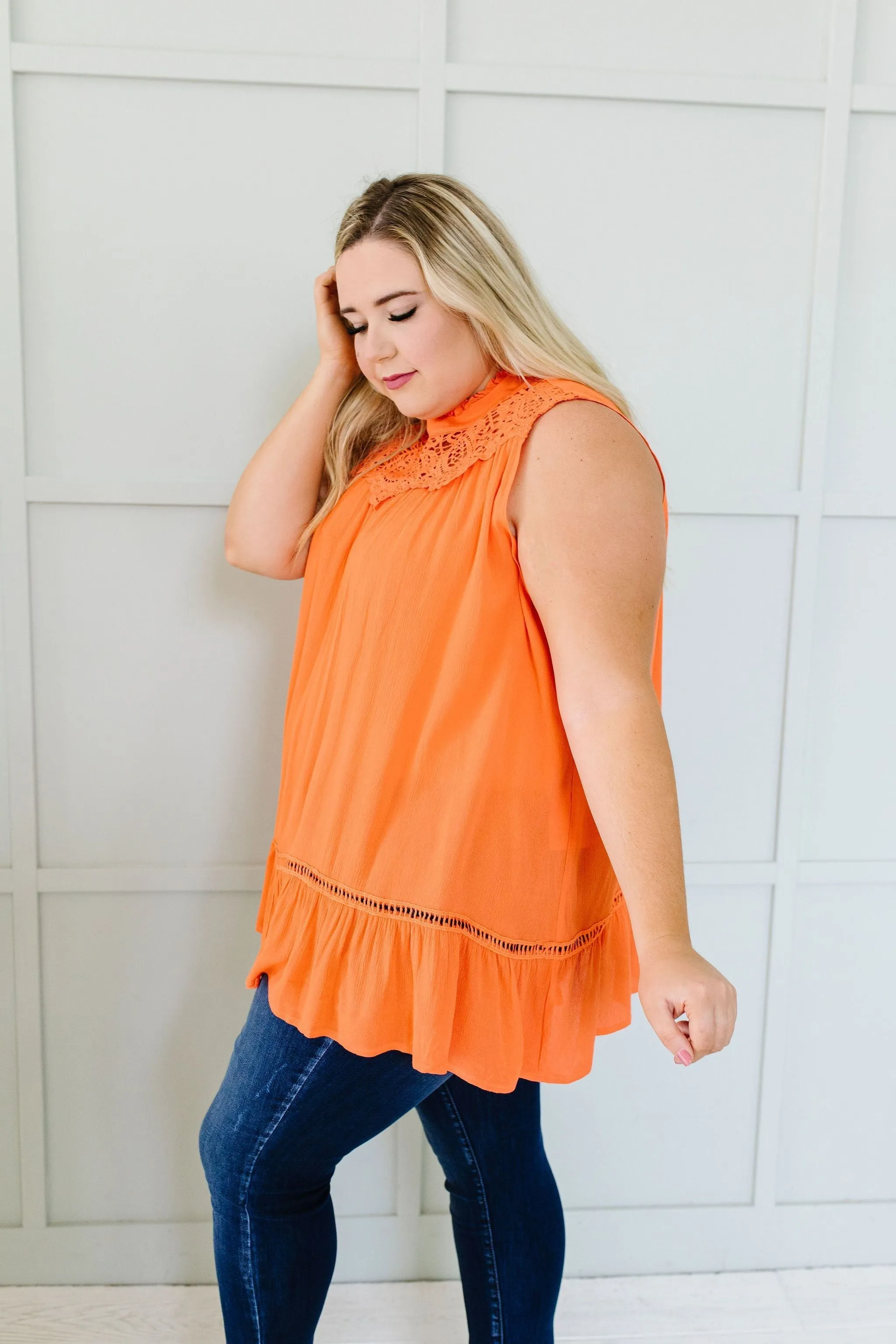 Victoria Lace Mock Neck Top In Orange
