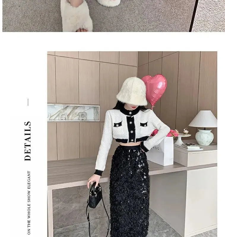 Vintage A-Line Sequin Tassel Feather Skirt | Elegant Black Office Lady Long Skirt