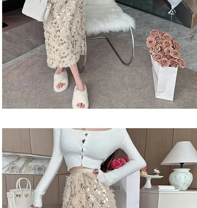 Vintage A-Line Sequin Tassel Feather Skirt | Elegant Black Office Lady Long Skirt