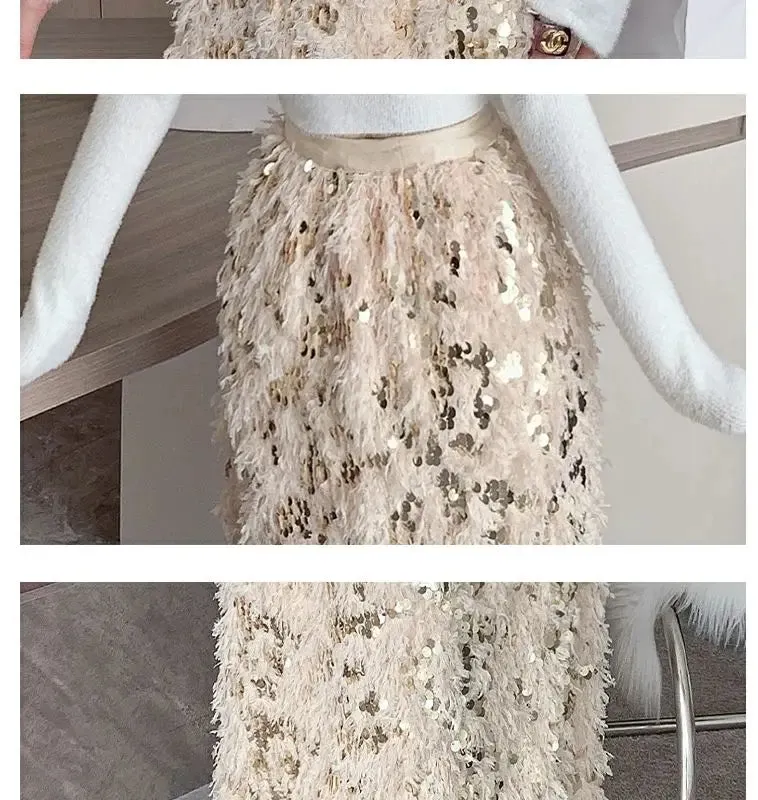 Vintage A-Line Sequin Tassel Feather Skirt | Elegant Black Office Lady Long Skirt