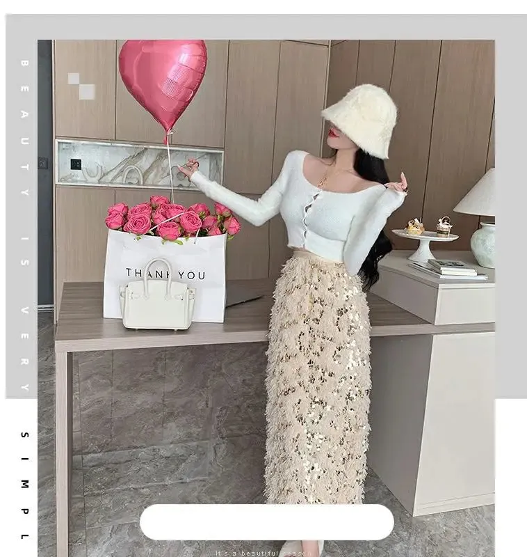 Vintage A-Line Sequin Tassel Feather Skirt | Elegant Black Office Lady Long Skirt