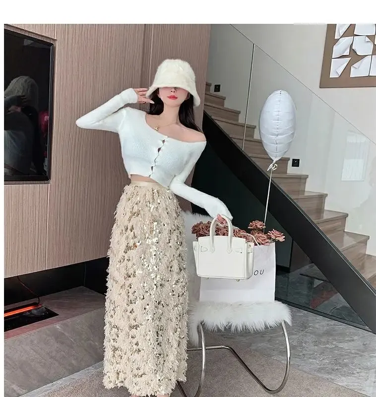 Vintage A-Line Sequin Tassel Feather Skirt | Elegant Black Office Lady Long Skirt