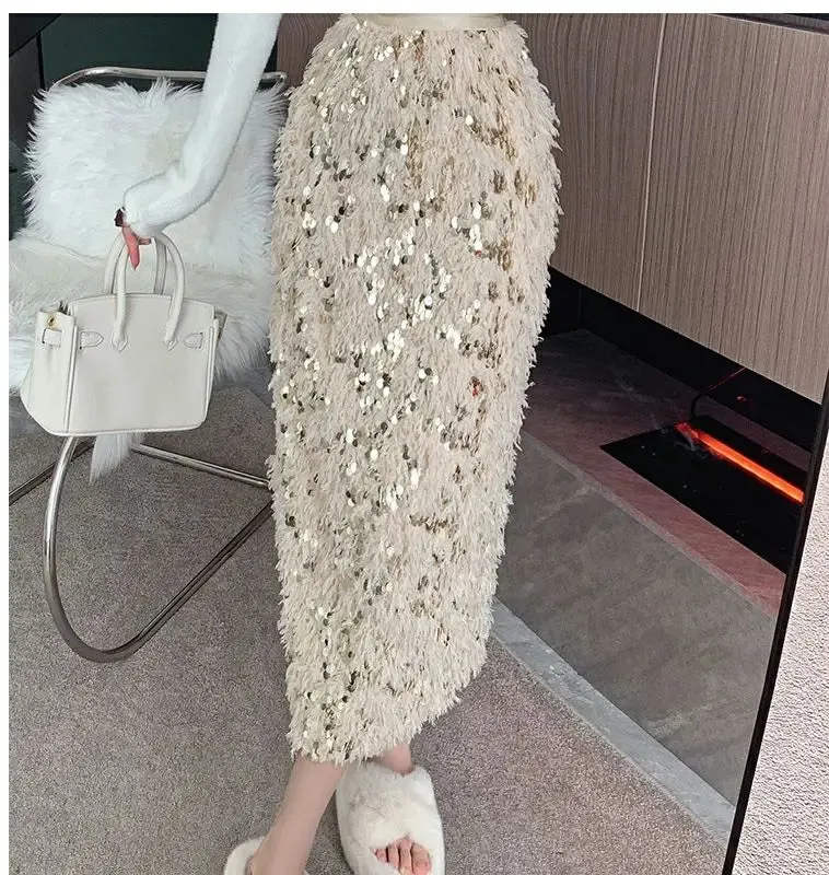 Vintage A-Line Sequin Tassel Feather Skirt | Elegant Black Office Lady Long Skirt