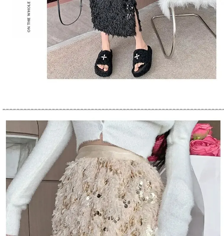 Vintage A-Line Sequin Tassel Feather Skirt | Elegant Black Office Lady Long Skirt