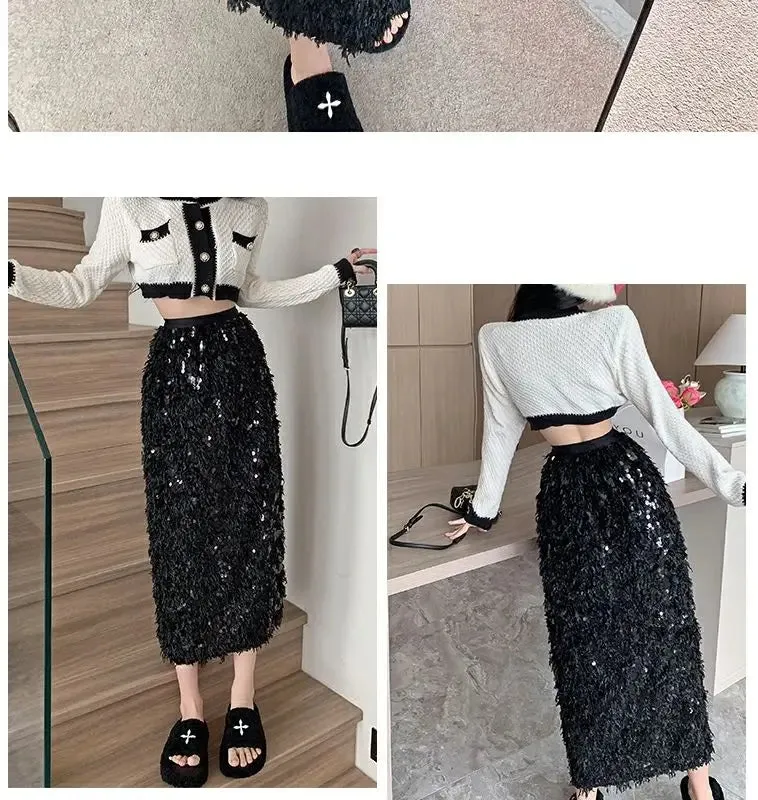 Vintage A-Line Sequin Tassel Feather Skirt | Elegant Black Office Lady Long Skirt