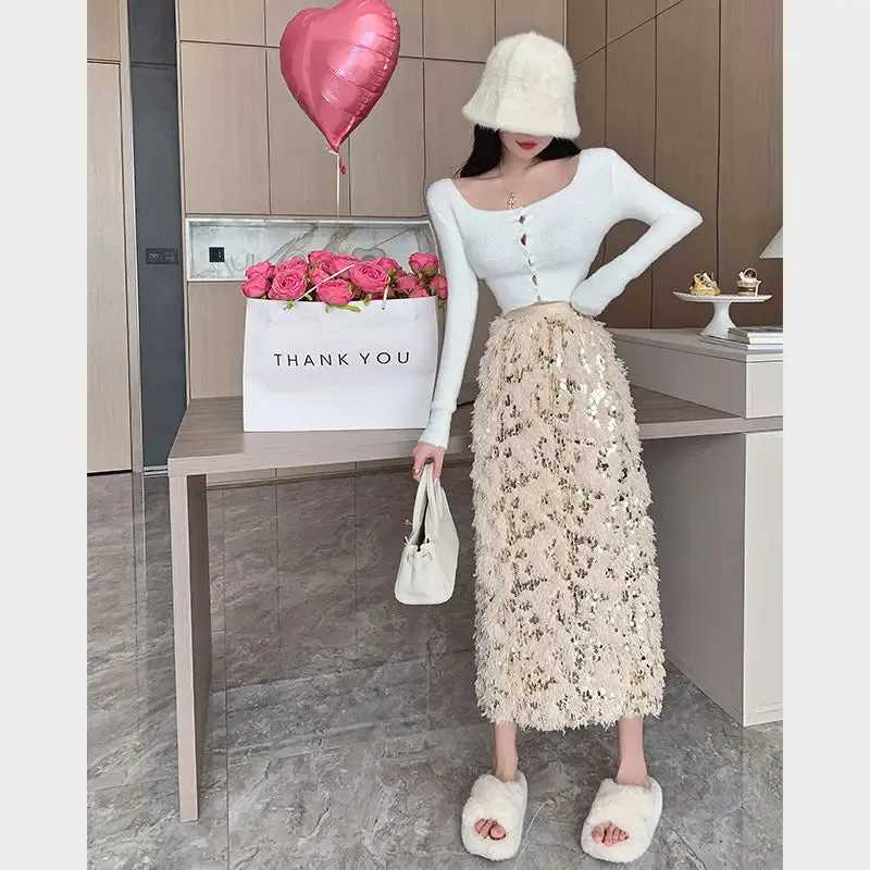 Vintage A-Line Sequin Tassel Feather Skirt | Elegant Black Office Lady Long Skirt