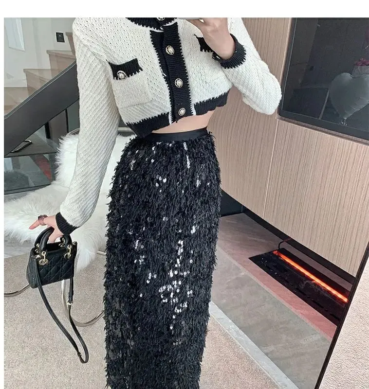 Vintage A-Line Sequin Tassel Feather Skirt | Elegant Black Office Lady Long Skirt