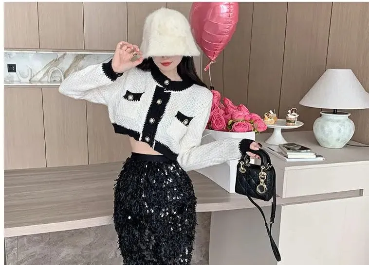 Vintage A-Line Sequin Tassel Feather Skirt | Elegant Black Office Lady Long Skirt