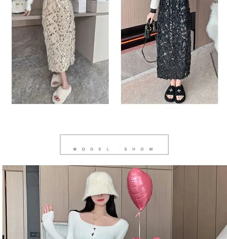 Vintage A-Line Sequin Tassel Feather Skirt | Elegant Black Office Lady Long Skirt
