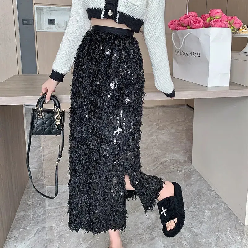 Vintage A-Line Sequin Tassel Feather Skirt | Elegant Black Office Lady Long Skirt