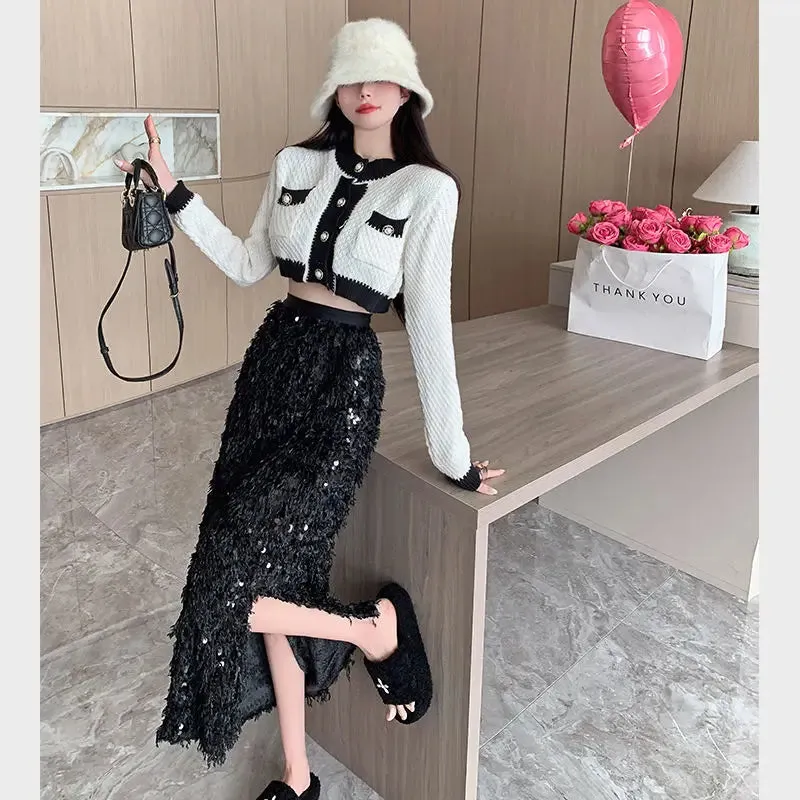 Vintage A-Line Sequin Tassel Feather Skirt | Elegant Black Office Lady Long Skirt