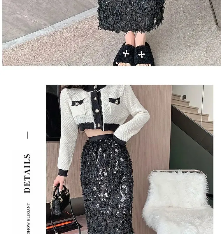 Vintage A-Line Sequin Tassel Feather Skirt | Elegant Black Office Lady Long Skirt