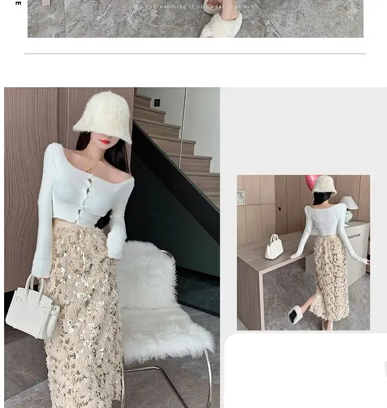 Vintage A-Line Sequin Tassel Feather Skirt | Elegant Black Office Lady Long Skirt