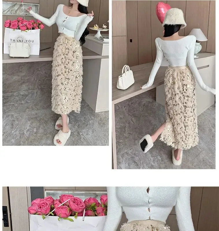 Vintage A-Line Sequin Tassel Feather Skirt | Elegant Black Office Lady Long Skirt