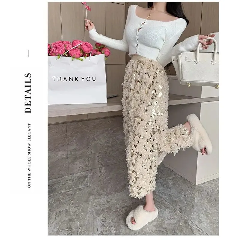 Vintage A-Line Sequin Tassel Feather Skirt | Elegant Black Office Lady Long Skirt