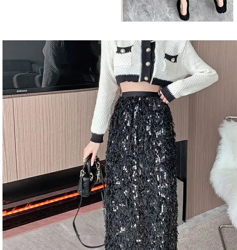 Vintage A-Line Sequin Tassel Feather Skirt | Elegant Black Office Lady Long Skirt
