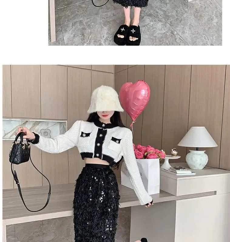 Vintage A-Line Sequin Tassel Feather Skirt | Elegant Black Office Lady Long Skirt