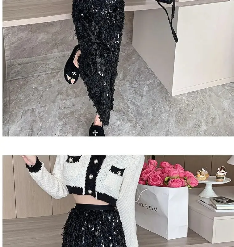 Vintage A-Line Sequin Tassel Feather Skirt | Elegant Black Office Lady Long Skirt