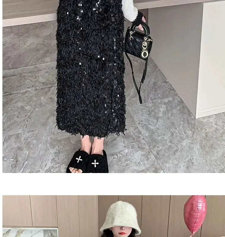 Vintage A-Line Sequin Tassel Feather Skirt | Elegant Black Office Lady Long Skirt