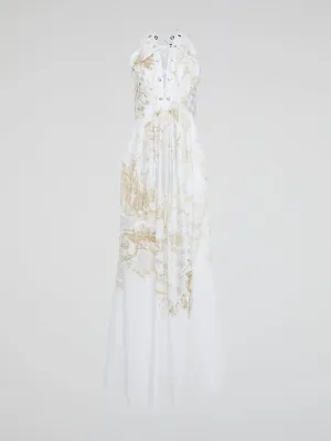 White Printed Lace Up Maxi Dress