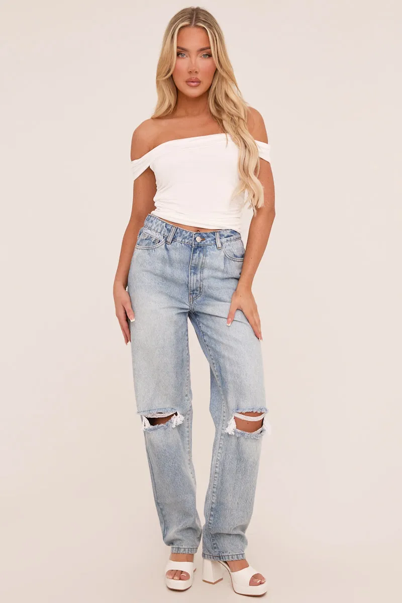 White Slinky Jersey Ruched Bardot Top - Lisa
