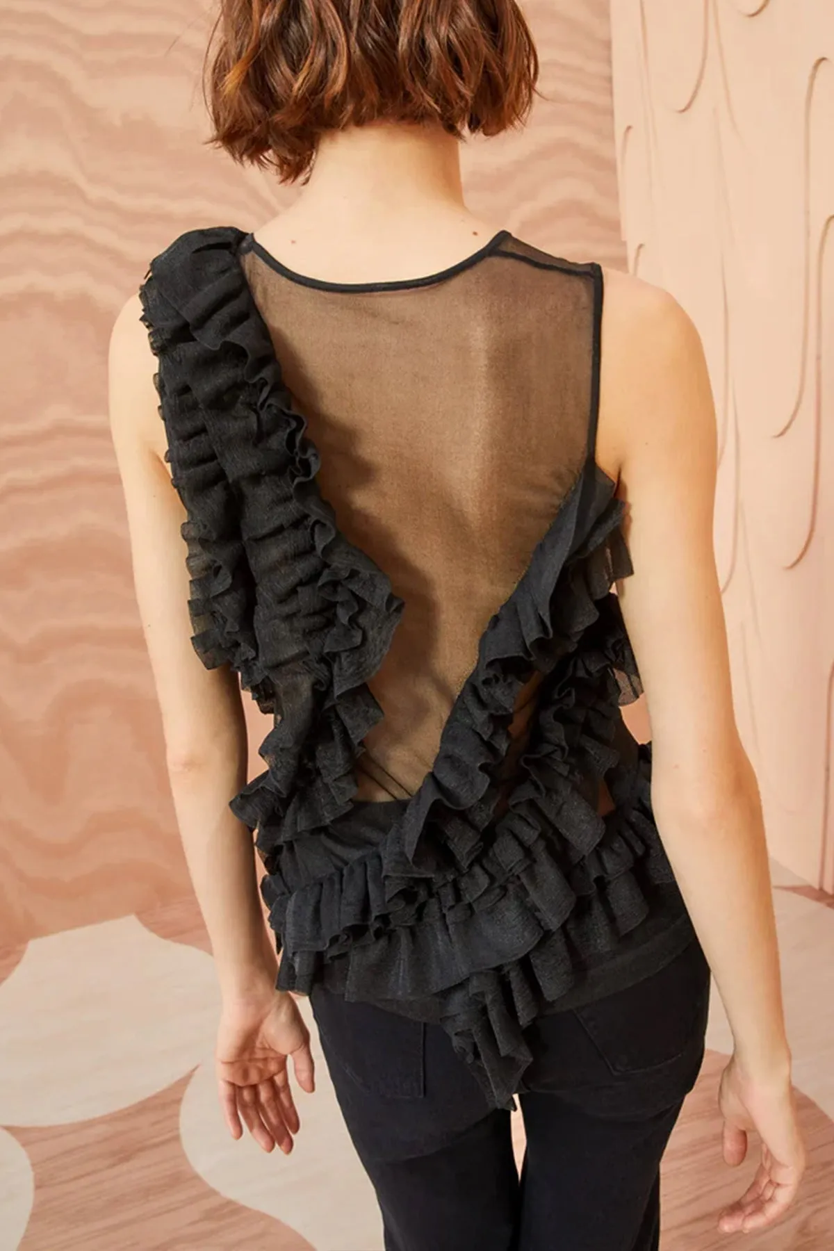 Winnifred Sheer Frilly Top in Noir
