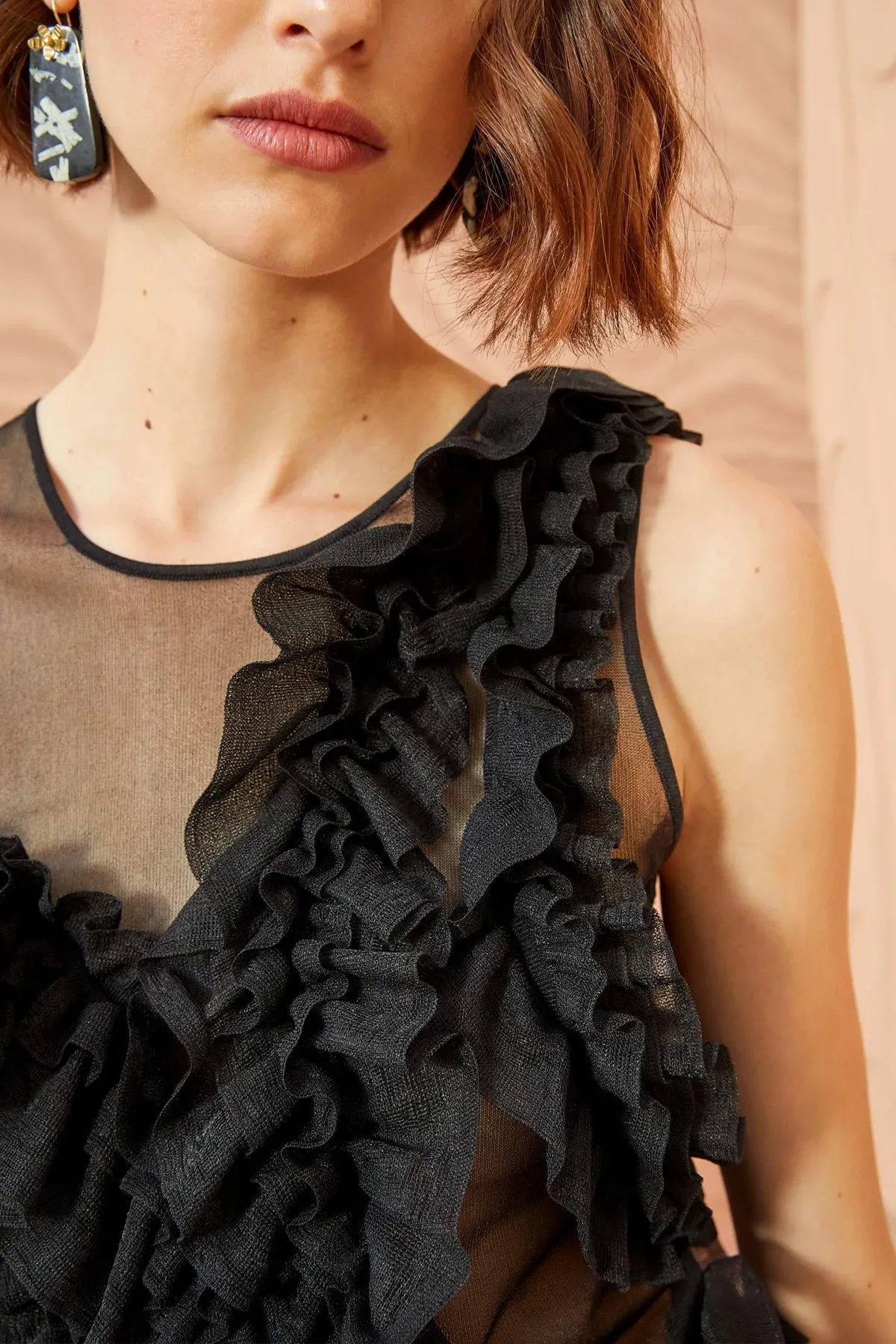 Winnifred Sheer Frilly Top in Noir