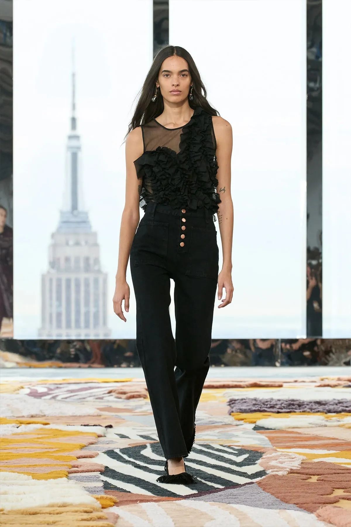 Winnifred Sheer Frilly Top in Noir