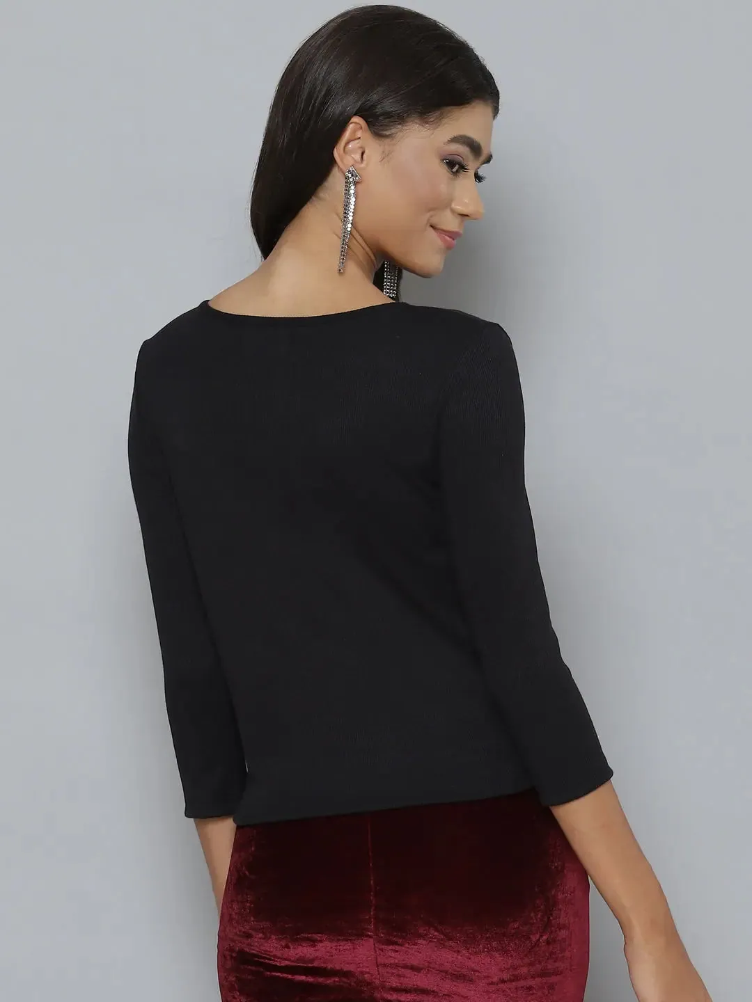 Women Black Rib Full Sleeves Ruched Top