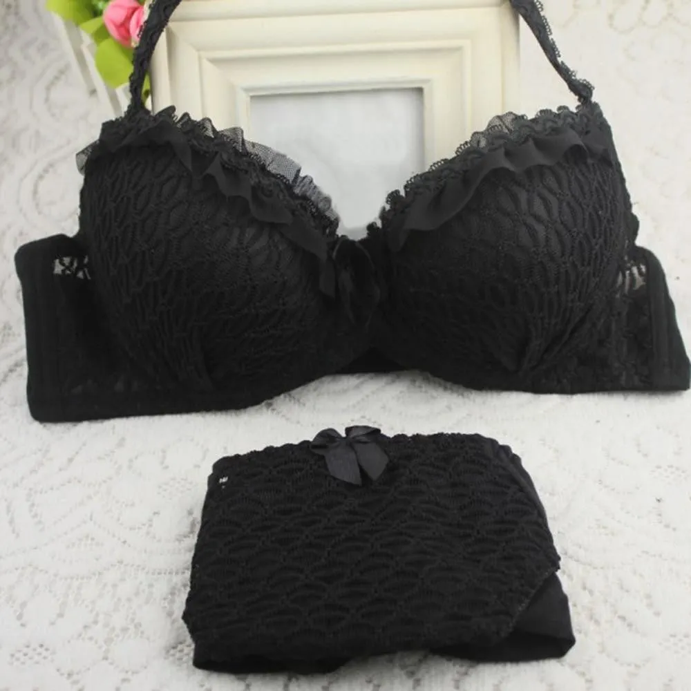 Women Bra Set Adjustable Strap Ruffle Push-Up 3/4 Cup Lace Underwear Bra Set 32-36 B
