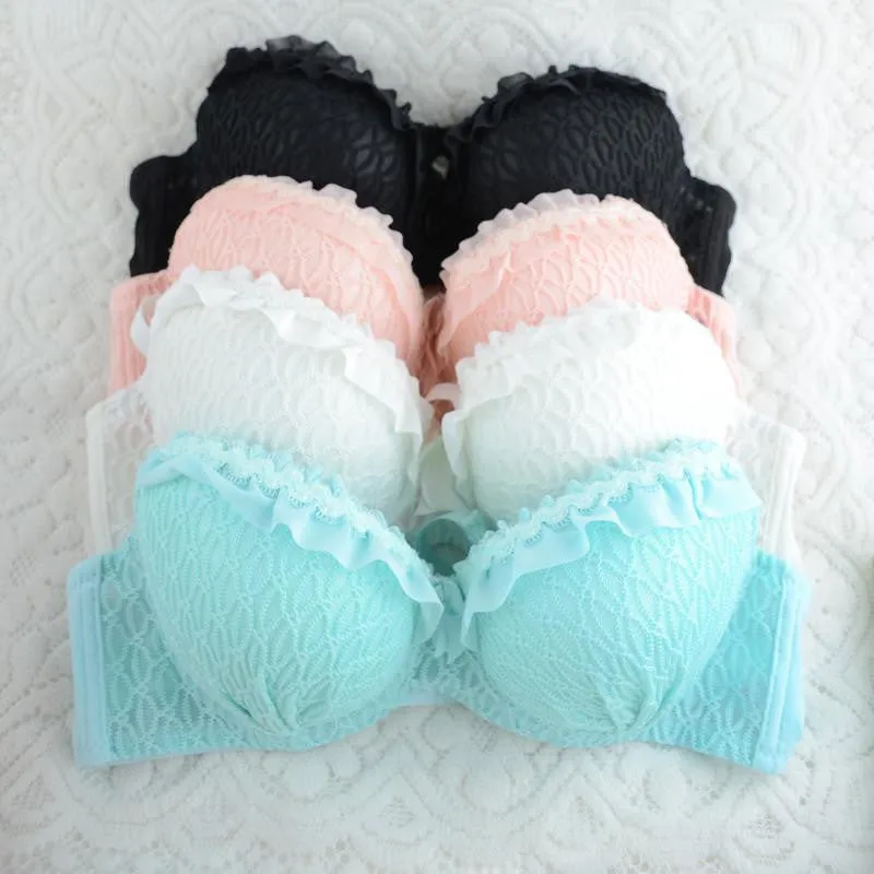 Women Bra Set Adjustable Strap Ruffle Push-Up 3/4 Cup Lace Underwear Bra Set 32-36 B
