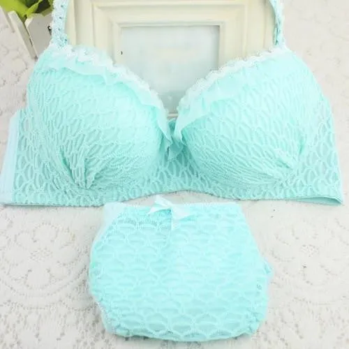 Women Bra Set Adjustable Strap Ruffle Push-Up 3/4 Cup Lace Underwear Bra Set 32-36 B
