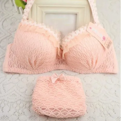 Women Bra Set Adjustable Strap Ruffle Push-Up 3/4 Cup Lace Underwear Bra Set 32-36 B