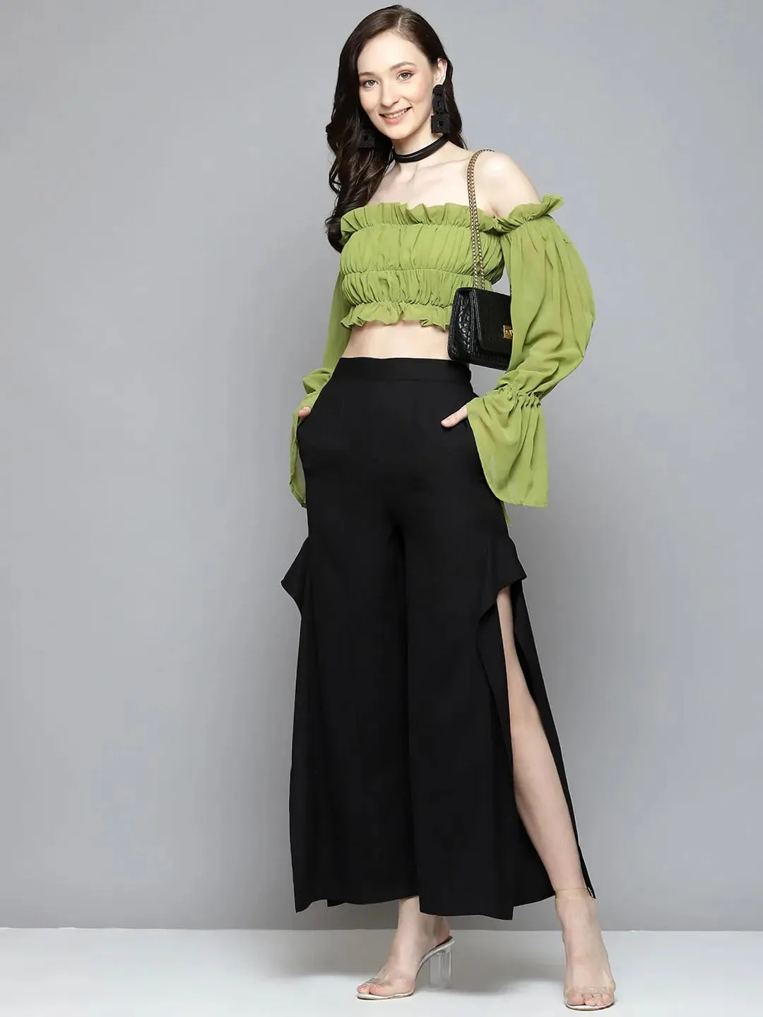 Women Green Off Shoulder Ruched Crop Top